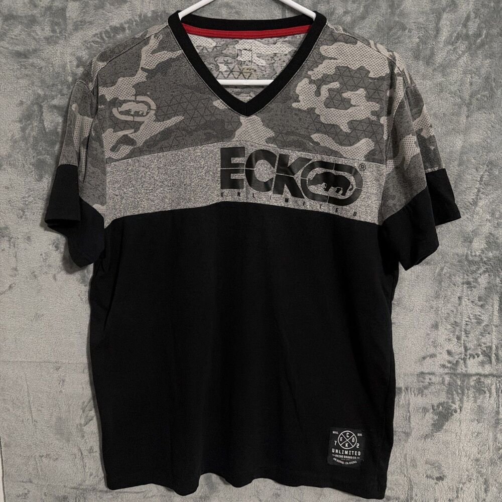Ecko Unltd. Unlimited Men's V-Neck T-Shirt Black Gray Camo Colorblock Rhino Logo